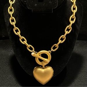 Givenchy Vintage Brushed Gold Puffy Heart Toggle Necklace with Pearl and Crystal